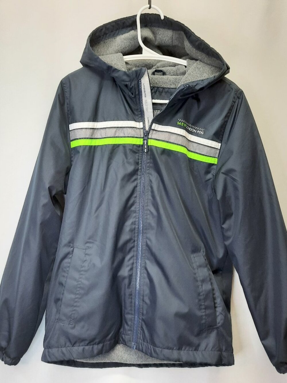 London Fog Boys Large 14/16 Hooded Jacket Navy Blue Fleece Lined Full Zip Coat